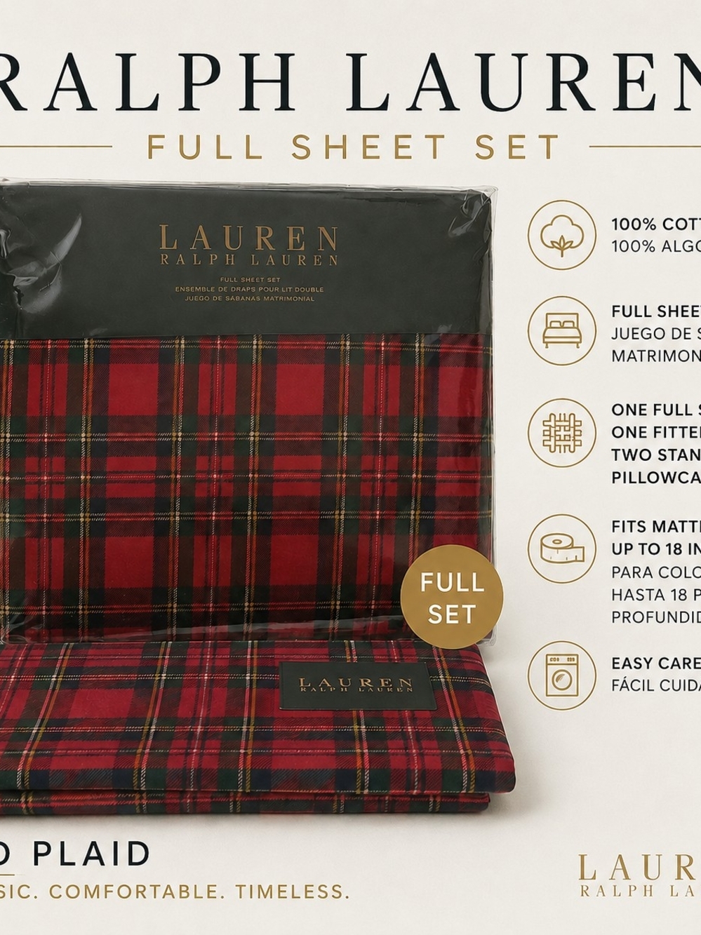 🎄 Lauren Ralph Lauren Christmas Tartan Plaid Full Sheet Set 100% Cotton New